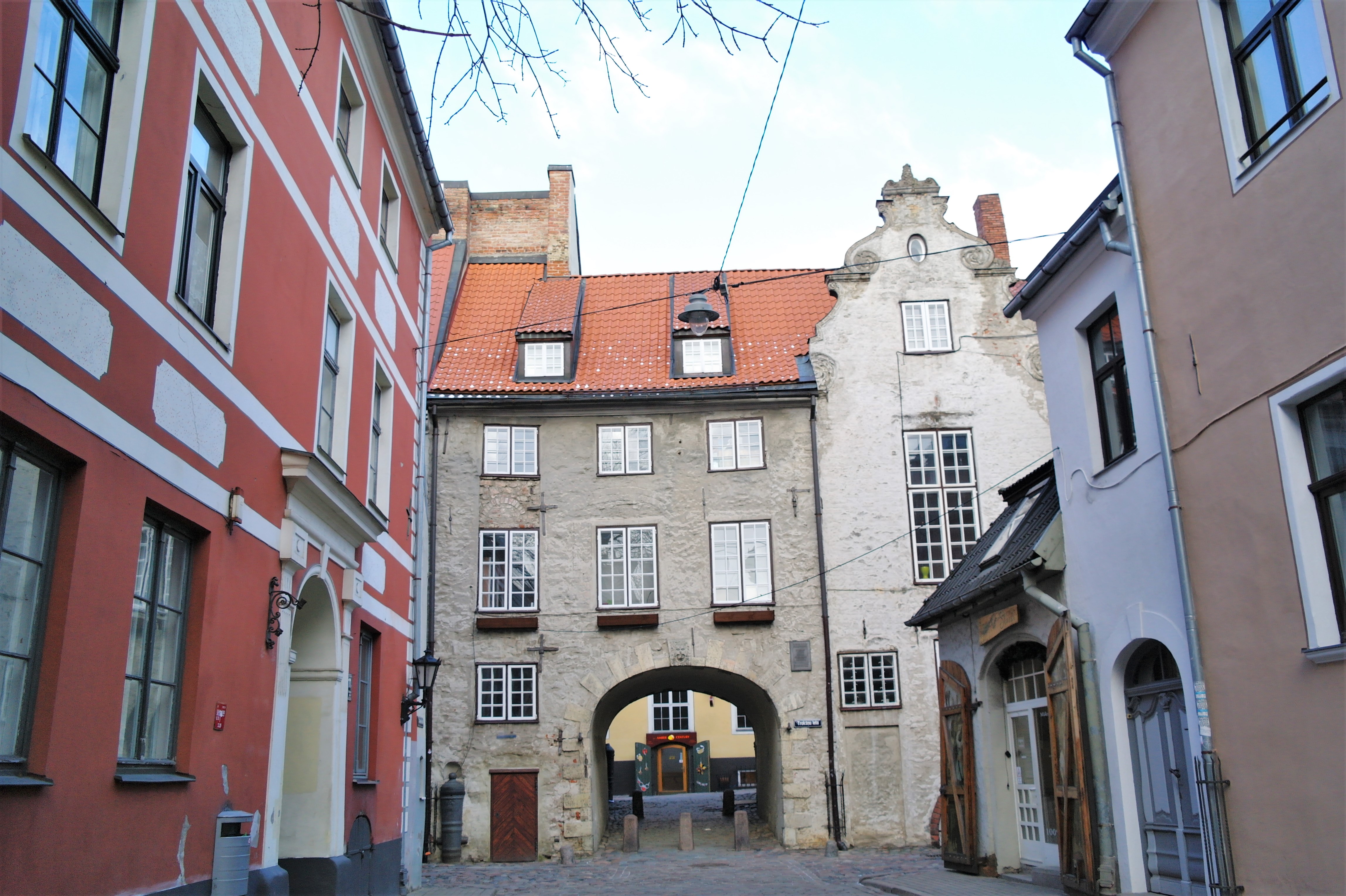 The Swedish gate in Riga between brick buildings in the old town.