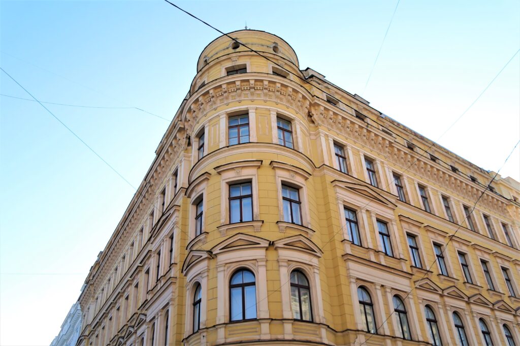 A bright yellow art nouveau buidling in Riga.