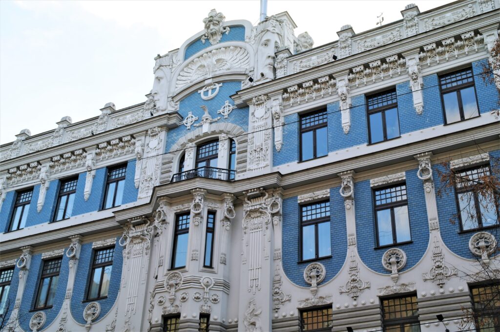 Blue and white art nouveau building in Riga.