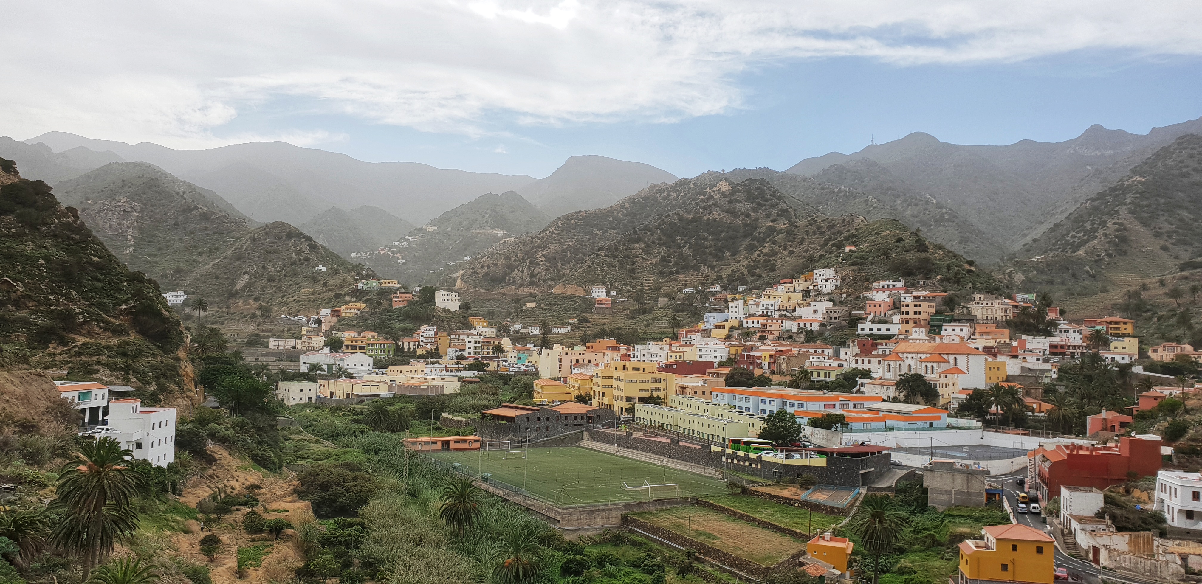 La Gomeran village Vallehermoso with small hills covered in mist