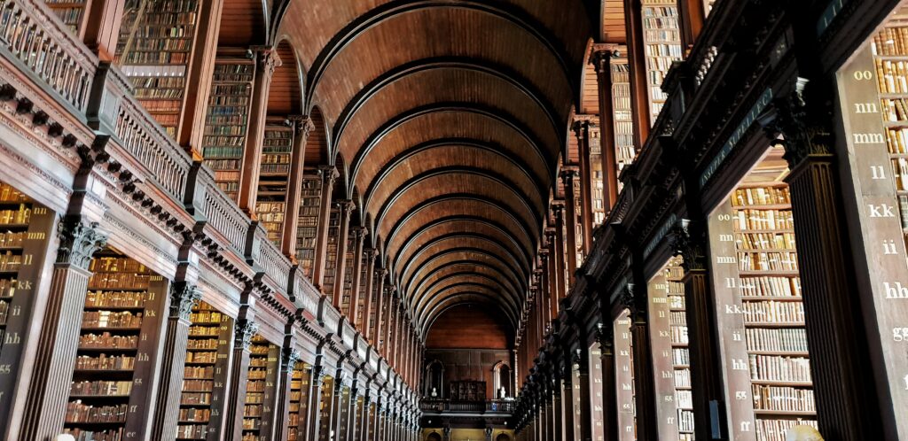 Two floors of old books at Trinity College Library