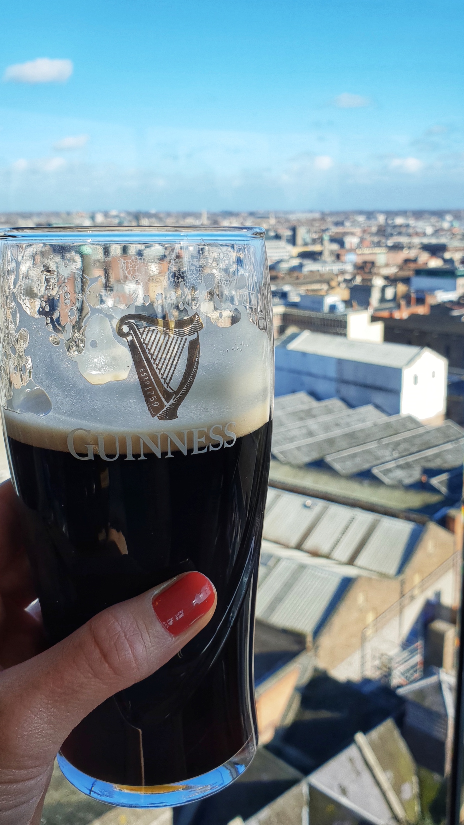 A hand with painted nails holding a pint of guiness in front of view of Dublin