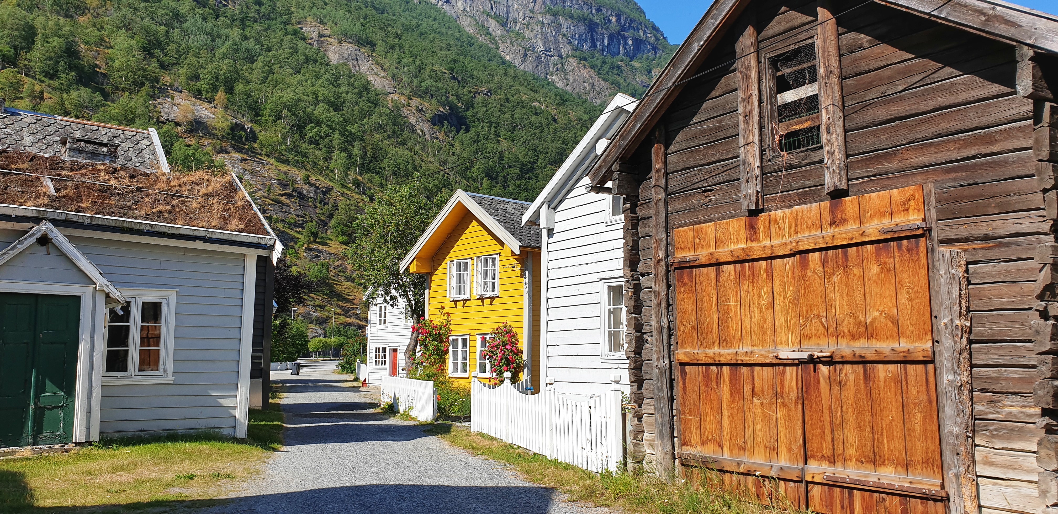 Small. old houses with flowers outside in LÆrdal