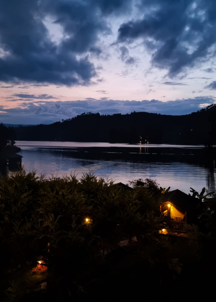 View of Lake Bunyonyi and Overland Resort in the evening.