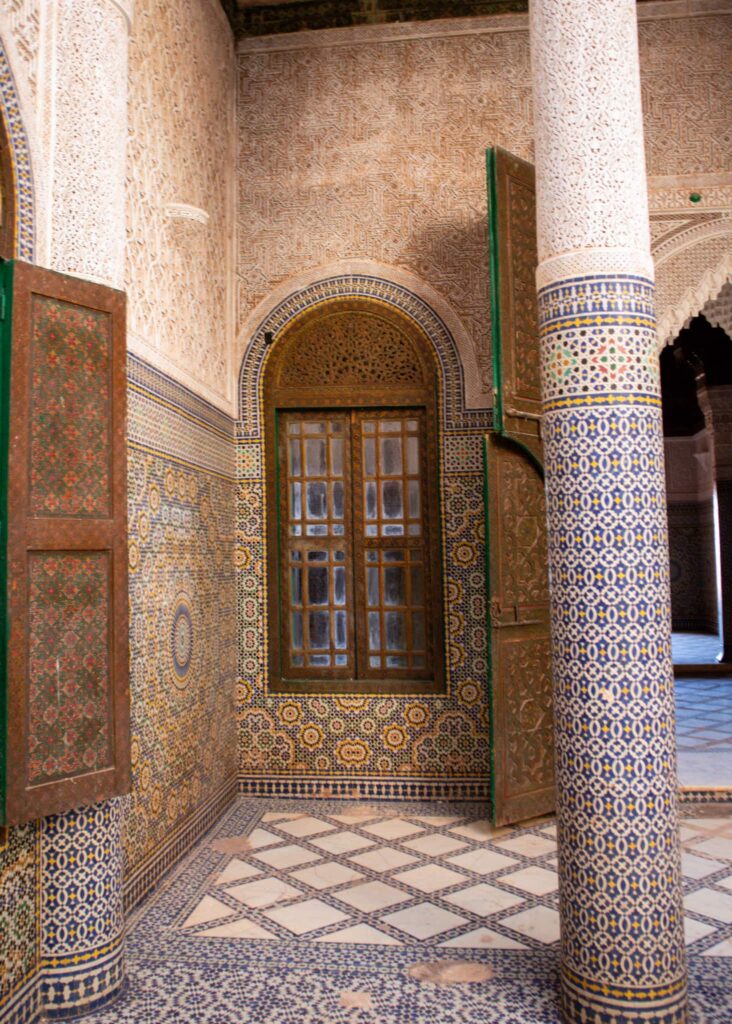 Detailed zellij on walls, floor and columns inside Kasbah Telouet.
