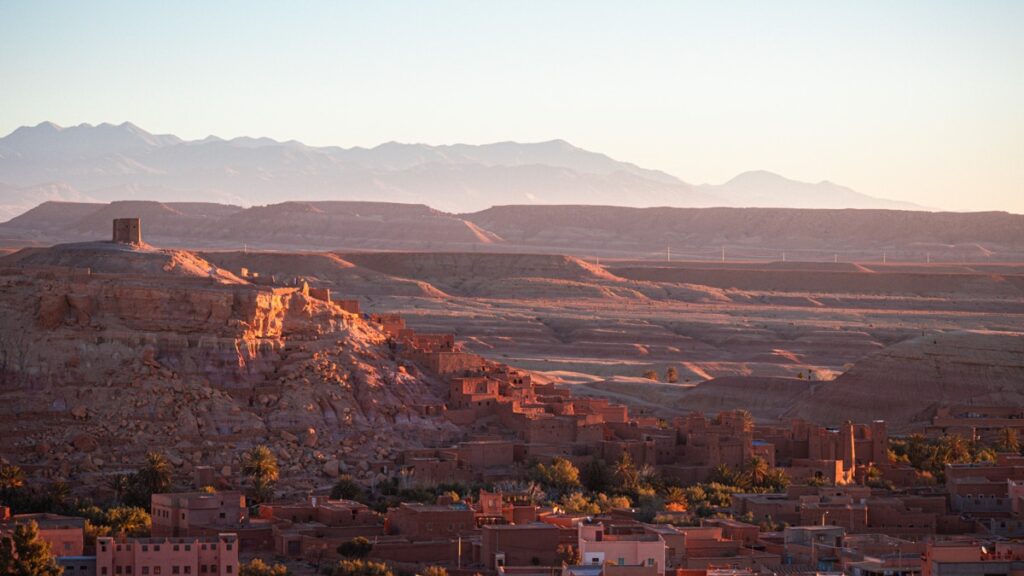 Old Ait Ben Haddou in the light pinkish light of the sunrise.