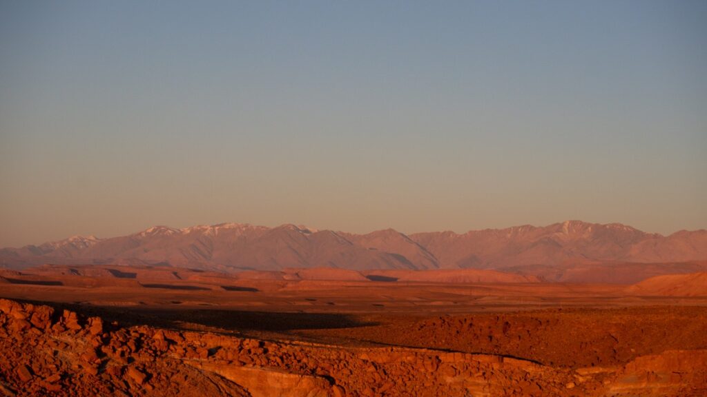 The HIgh Atlas coloured red by the sunrise.