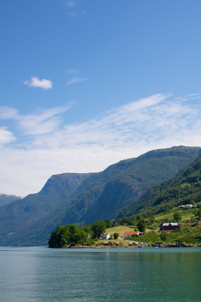 Ornes seen from the Lusterdfjord on a sunny summer day.