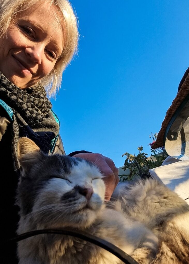 A woman with sun in her face petting a cat in her lap.