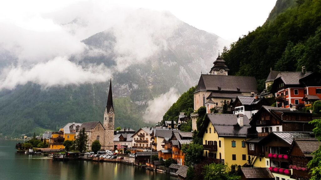 Hallstatt town in Austria in gloomy and fogggy weather.