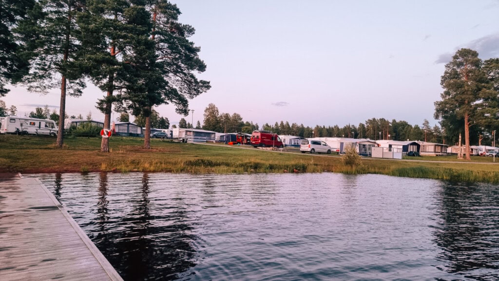View of Sollerö Camping in Dalarna Sweden, seen from Lake Siljan.