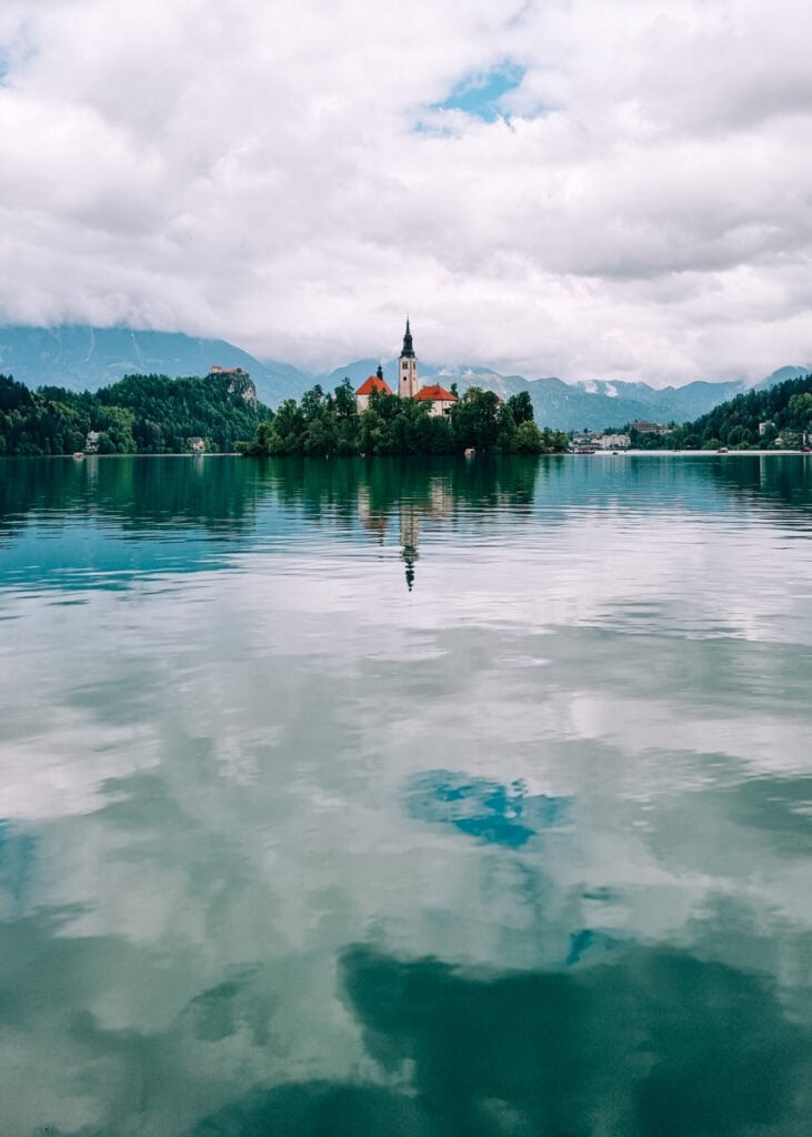Lake Bled with the iconic view of the island with a church.