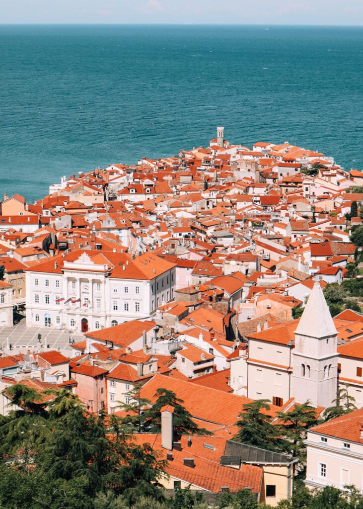 Piran with its orange roofs seen from the old city walls.