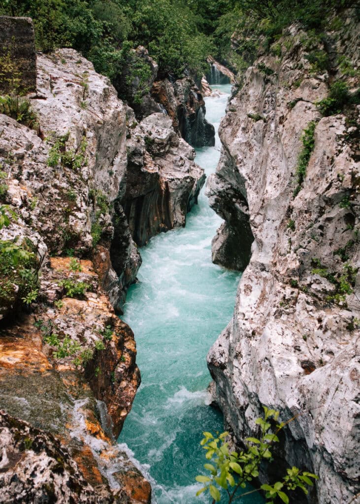 The Soca River flowing through a gorge.