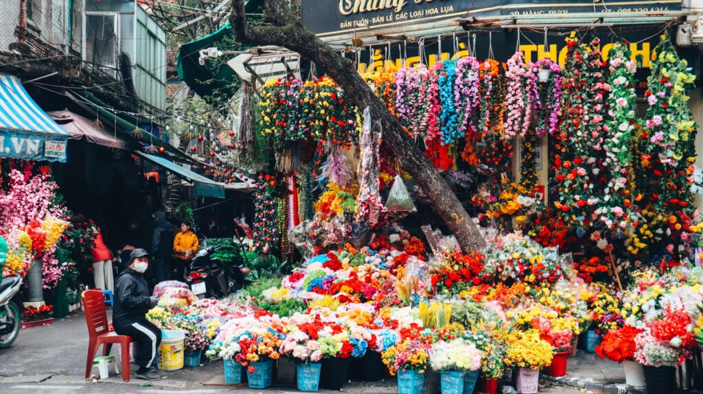 A huge and colourful flower market in Hanoi. A female seller sits on a chair.
