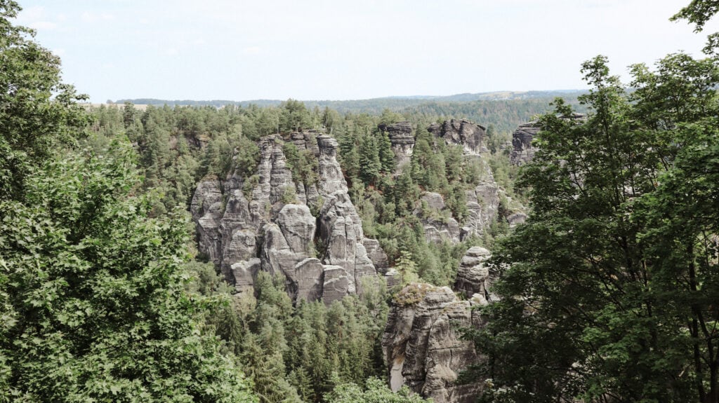 View of the rock formations and forest at Saxon Switzerland National Park.
