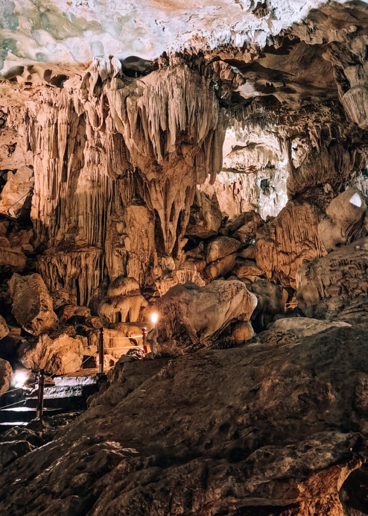 Interior of the Sung Sot Cave with stalagmites.