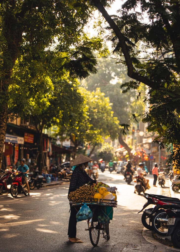 A female street seller wearing a conical hat standing with her bike loaded with fruit in the middle of the street in morning light in Hanoi.