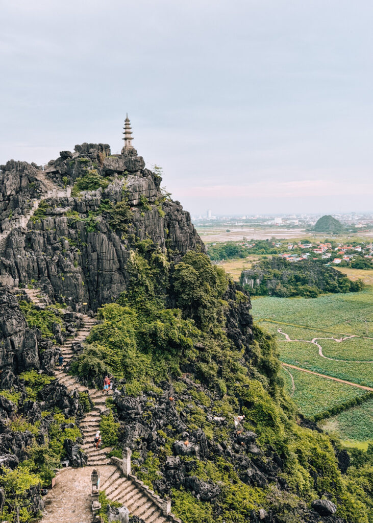 View of the second viewpoint and the lotus field below at Hang Mua in Tam Coc.