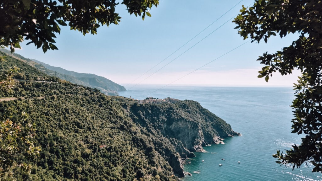 Cinque Terre's coastline seen from the hiking trail. Corniglia in the distance.