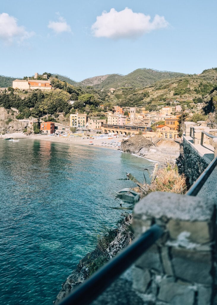 Monterosso al Mare seen from the walking path, beach in front.