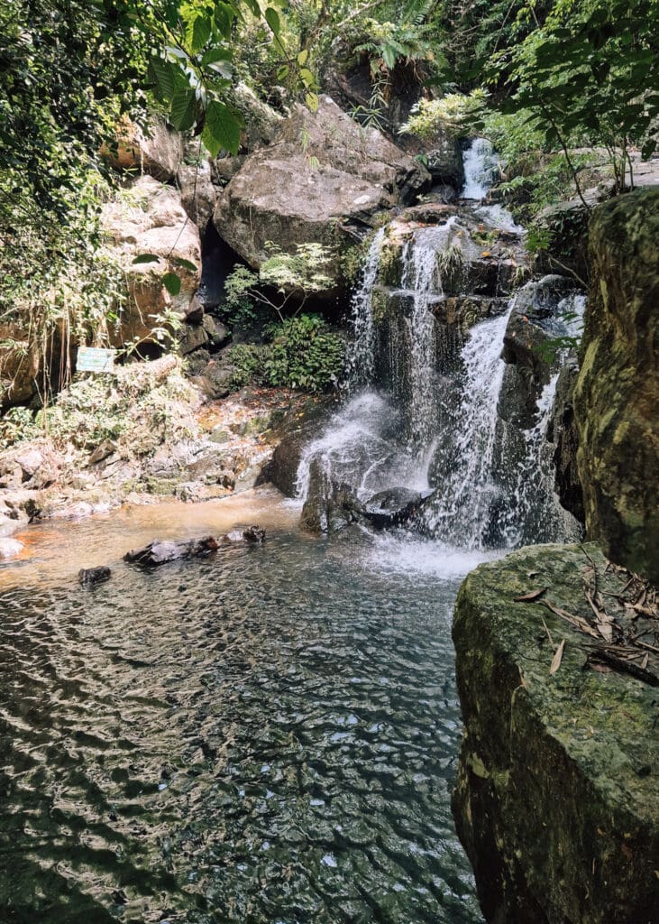 A small waterfall plunging into a small pond inside the Botanic Garden in Phong Nha.