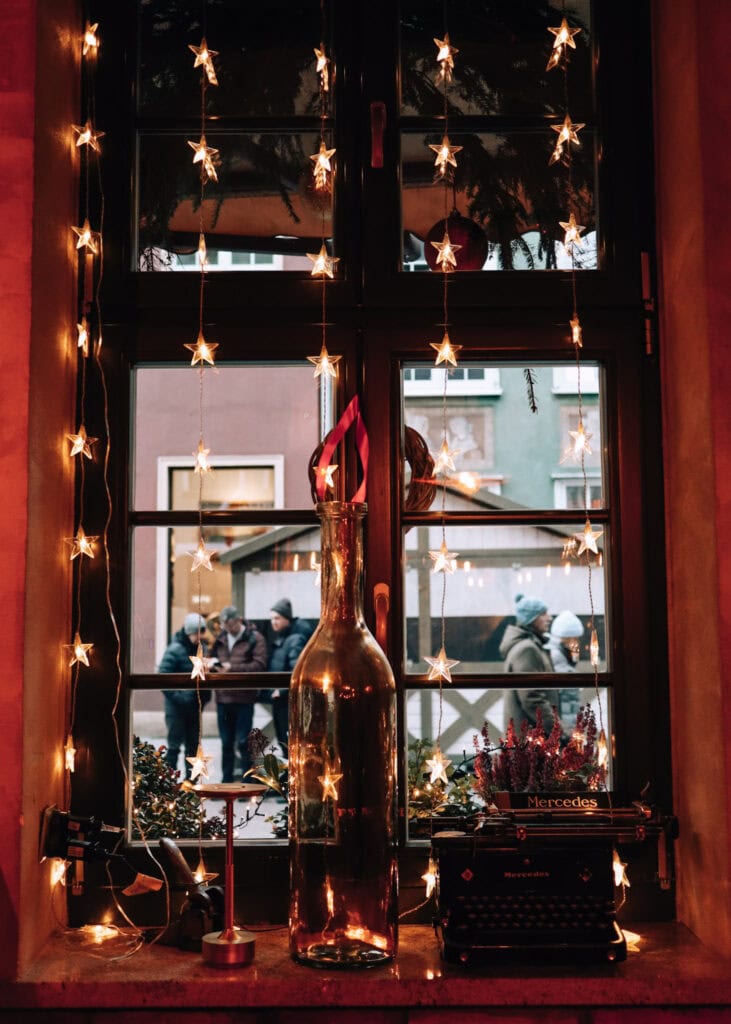 A Christmas decorated window.
