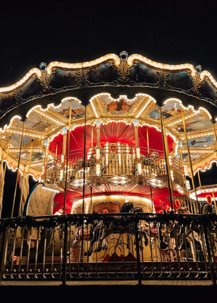 An illuminated carousel in Gdansk.
