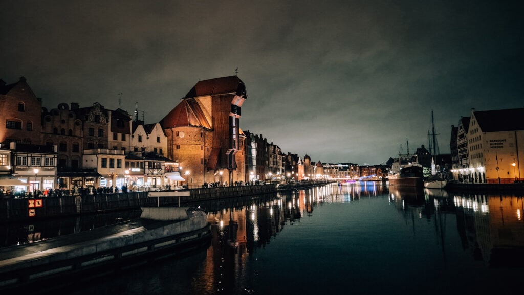 Evening view of the river and the old crane in Gdansk.